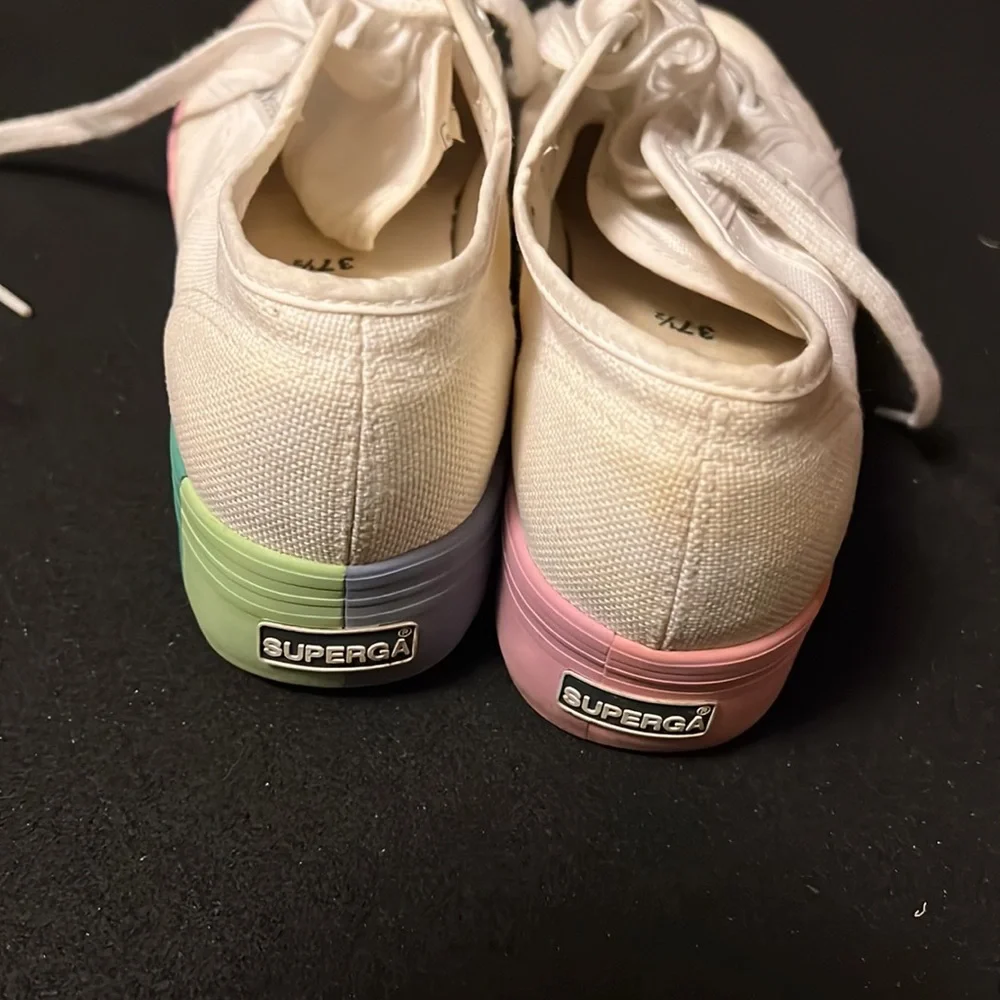 Superga White Canvas Platform Sneakers with Subtle Rainbow Trim